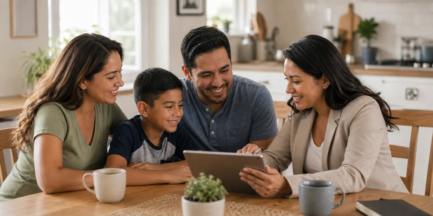 Asesora con licencia ayudando a una familia latina a escoger un plan